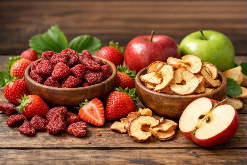نمای نزدیک از برش‌های سیب و توت فرنگی خشک