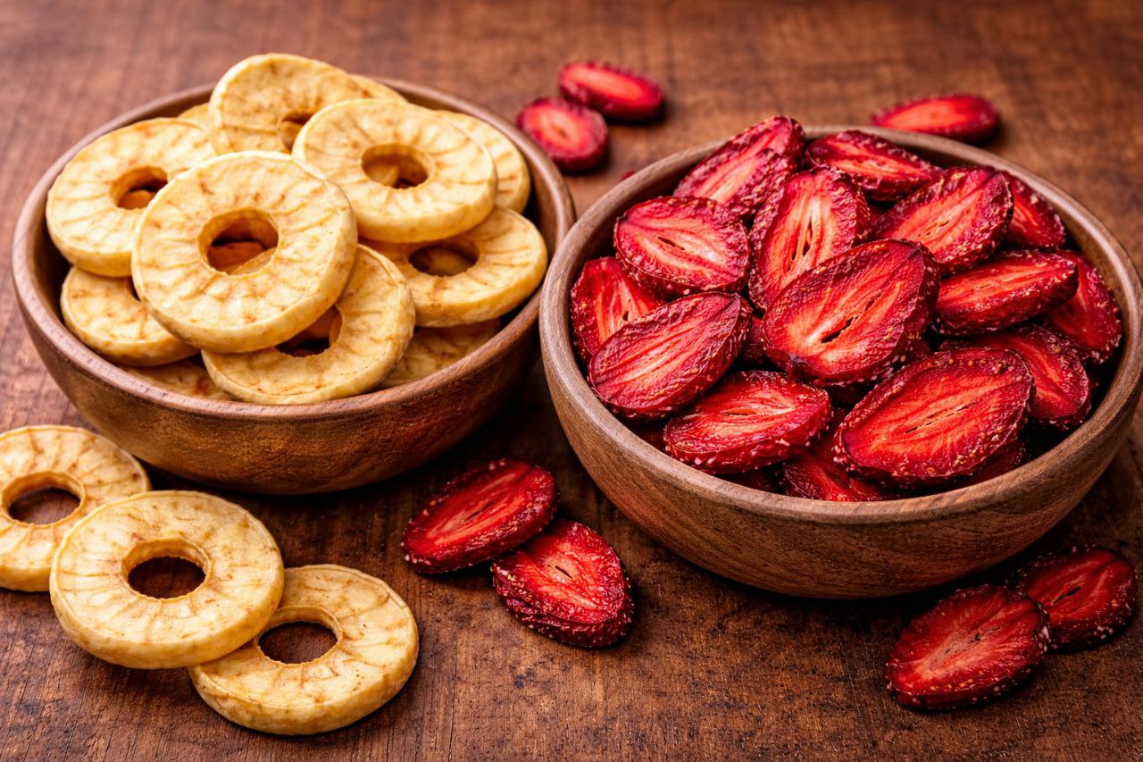 تصویر زیبا از بسته‌ بندی سیب و توت فرنگی خشک