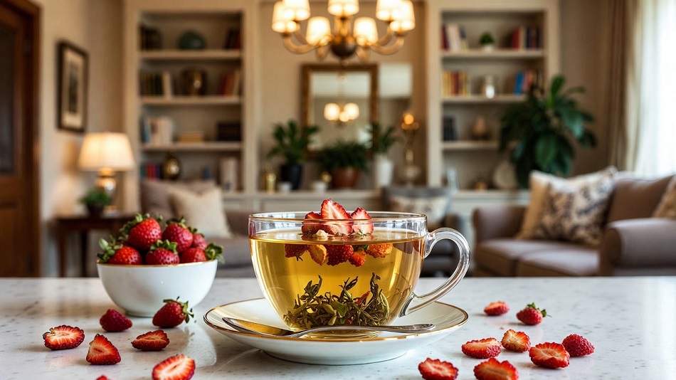 نمای نزدیک از دمنوش توت فرنگی