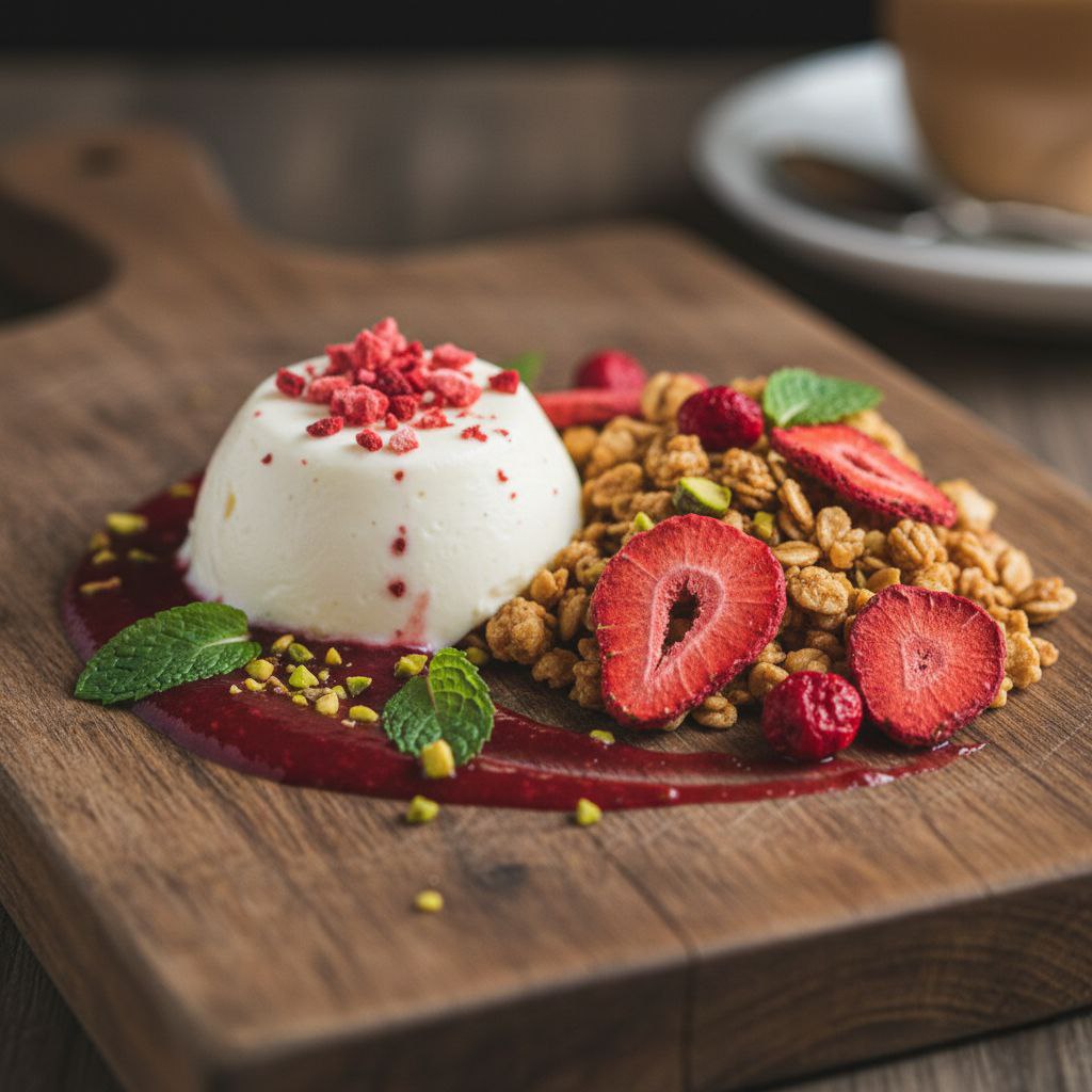 بستنی خانگی با تزیین توت فرنگی خشک